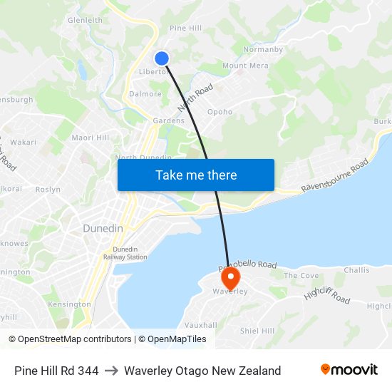 Pine Hill Rd 344 to Waverley Otago New Zealand map