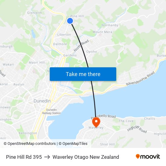 Pine Hill Rd 395 to Waverley Otago New Zealand map