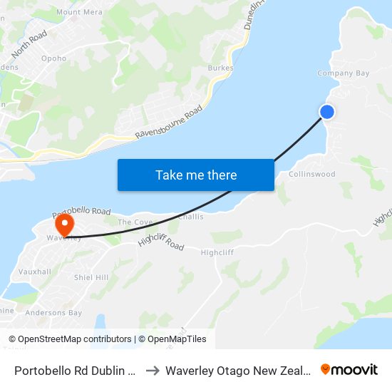 Portobello Rd Dublin Bay to Waverley Otago New Zealand map