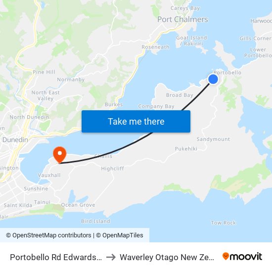 Portobello Rd Edwards Bay to Waverley Otago New Zealand map