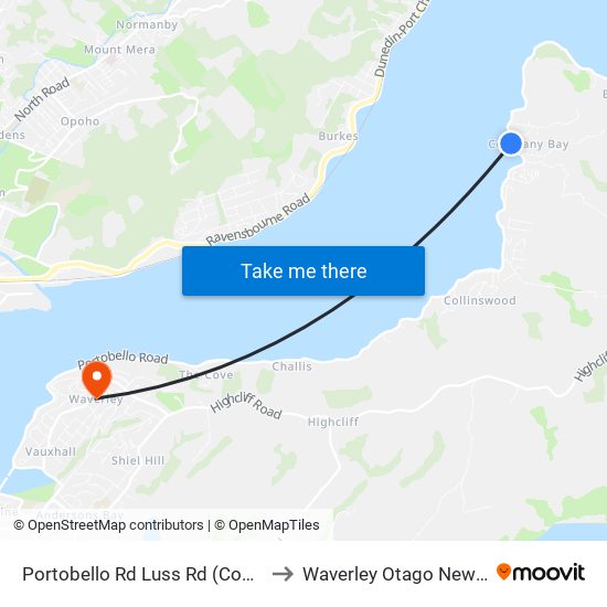 Portobello Rd Luss Rd (Company Bay) to Waverley Otago New Zealand map