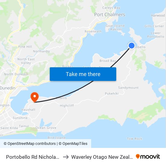 Portobello Rd Nicholas St to Waverley Otago New Zealand map