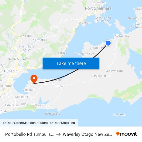 Portobello Rd Turnbulls Bay to Waverley Otago New Zealand map