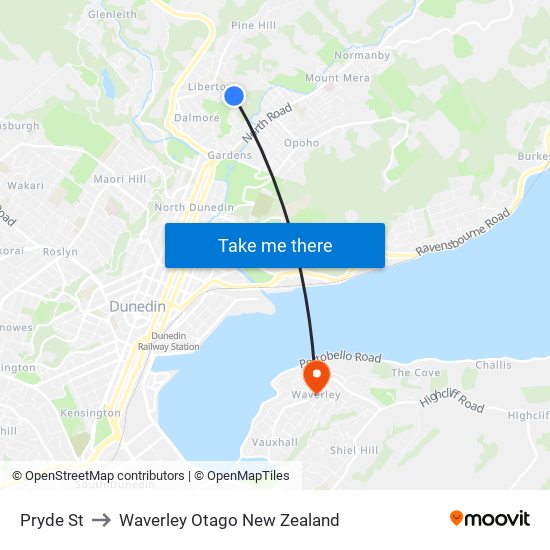 Pryde St to Waverley Otago New Zealand map