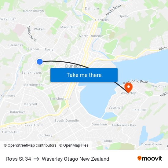 Ross St 34 to Waverley Otago New Zealand map