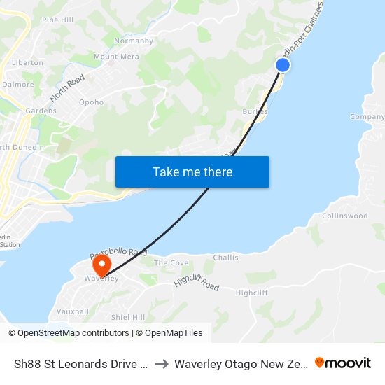 Sh88 St Leonards Drive North to Waverley Otago New Zealand map