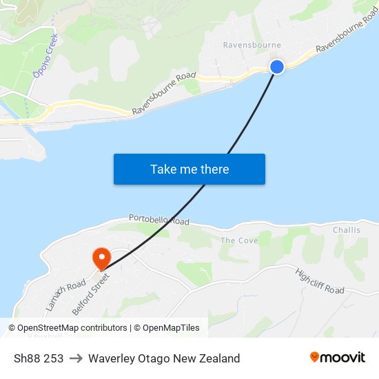 Sh88 253 to Waverley Otago New Zealand map