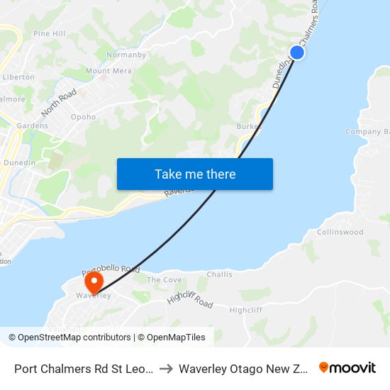 Port Chalmers Rd St Leonards to Waverley Otago New Zealand map