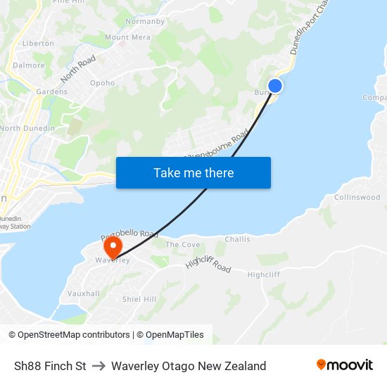 Sh88 Finch St to Waverley Otago New Zealand map
