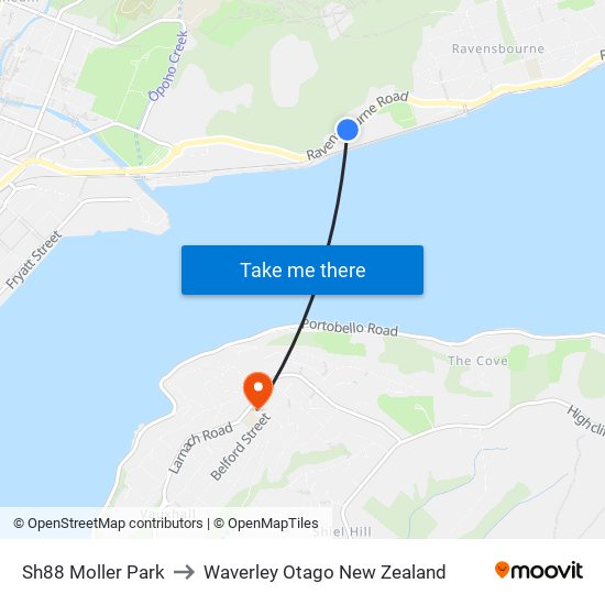 Sh88 Moller Park to Waverley Otago New Zealand map