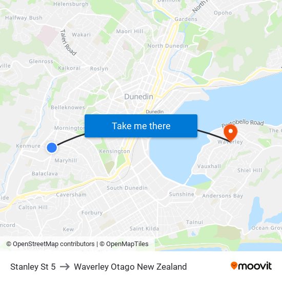 Stanley St 5 to Waverley Otago New Zealand map