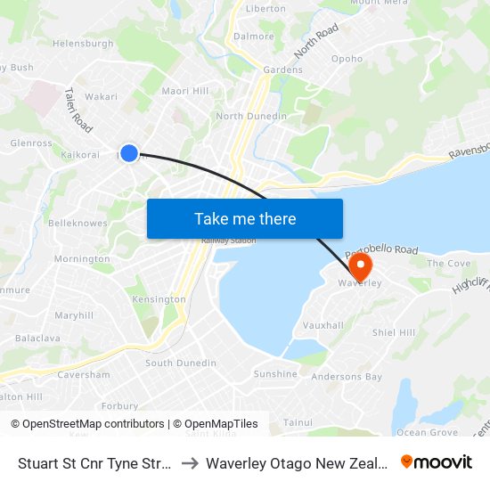 Stuart St Cnr Tyne Street to Waverley Otago New Zealand map