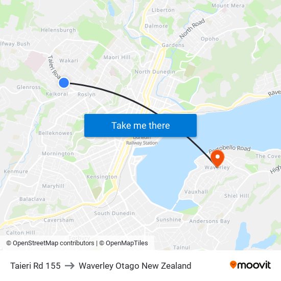 Taieri Rd 155 to Waverley Otago New Zealand map