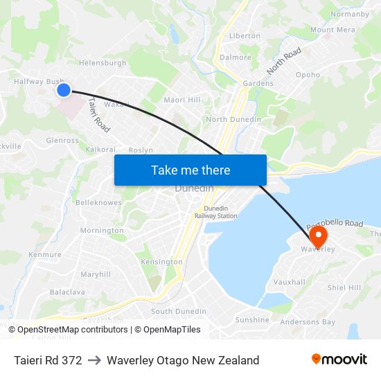 Taieri Rd 372 to Waverley Otago New Zealand map