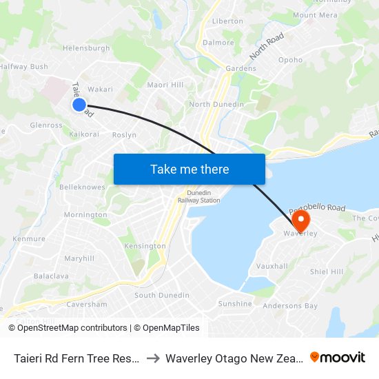 Taieri Rd Fern Tree Reserve to Waverley Otago New Zealand map