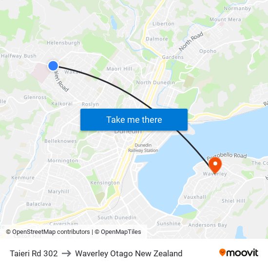 Taieri Rd 302 to Waverley Otago New Zealand map