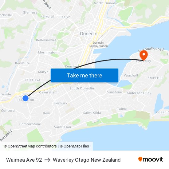 Waimea Ave 92 to Waverley Otago New Zealand map