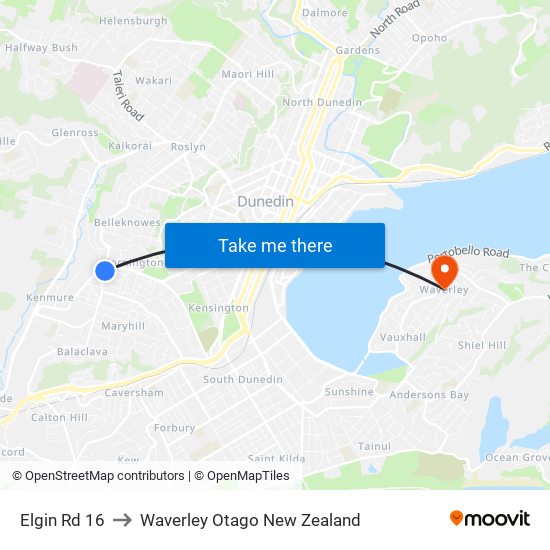 Elgin Rd 16 to Waverley Otago New Zealand map