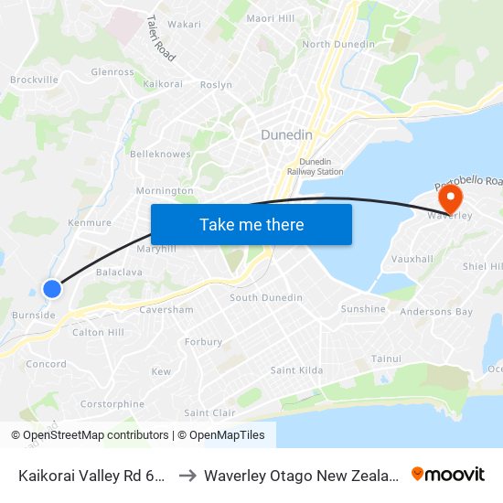 Kaikorai Valley Rd 624 to Waverley Otago New Zealand map