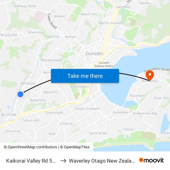 Kaikorai Valley Rd 555 to Waverley Otago New Zealand map