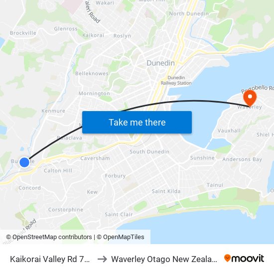 Kaikorai Valley Rd 704 to Waverley Otago New Zealand map