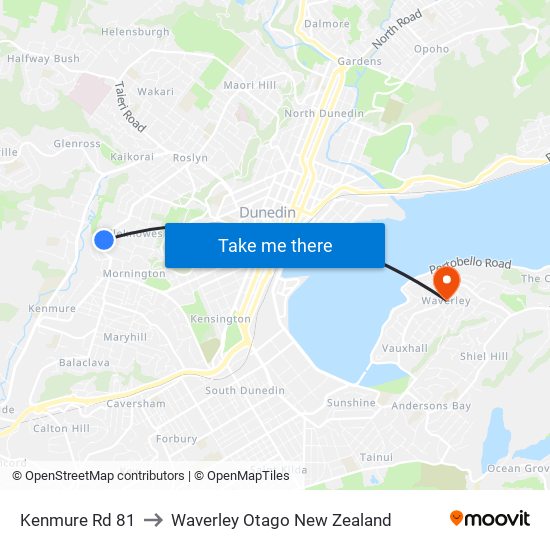Kenmure Rd 81 to Waverley Otago New Zealand map
