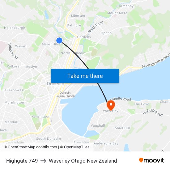 Highgate 749 to Waverley Otago New Zealand map