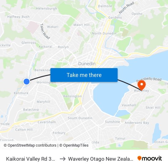 Kaikorai Valley Rd 394 to Waverley Otago New Zealand map