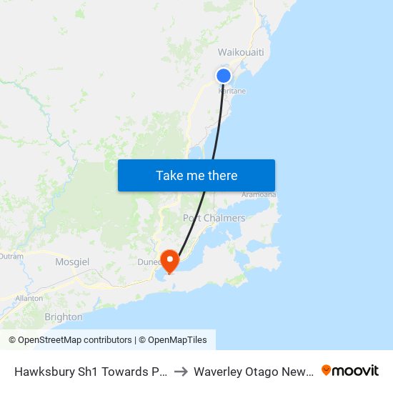 Hawksbury Sh1 Towards Palmerston to Waverley Otago New Zealand map