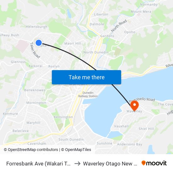 Forresbank Ave (Wakari Terminus) to Waverley Otago New Zealand map