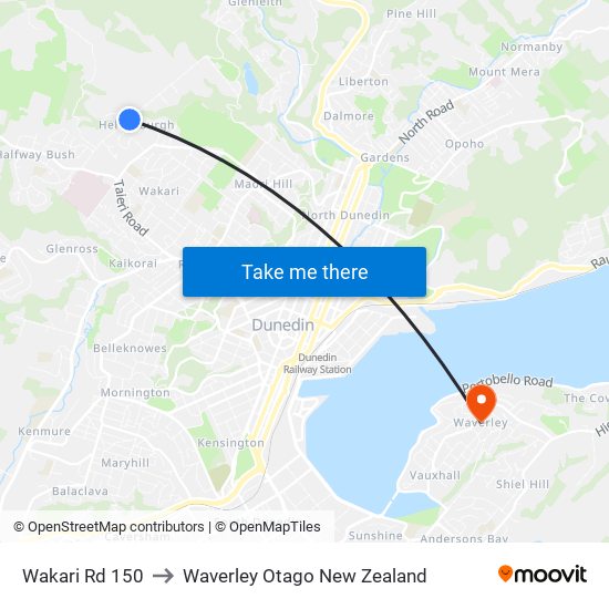 Wakari Rd 150 to Waverley Otago New Zealand map