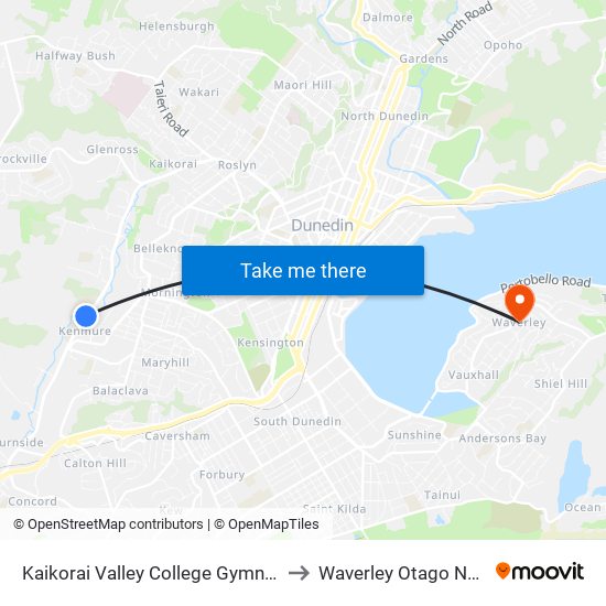Kaikorai Valley College Gymnasium Complex to Waverley Otago New Zealand map