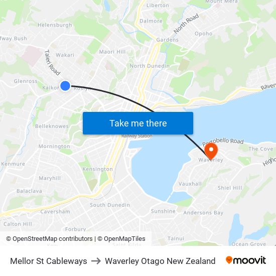 Mellor St Cableways to Waverley Otago New Zealand map