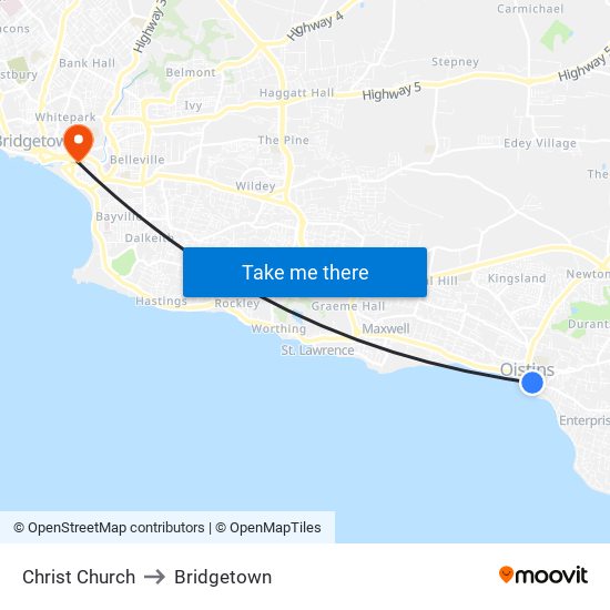 Christ Church to Bridgetown map