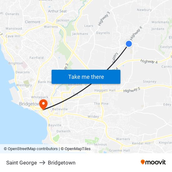 Saint George to Bridgetown map