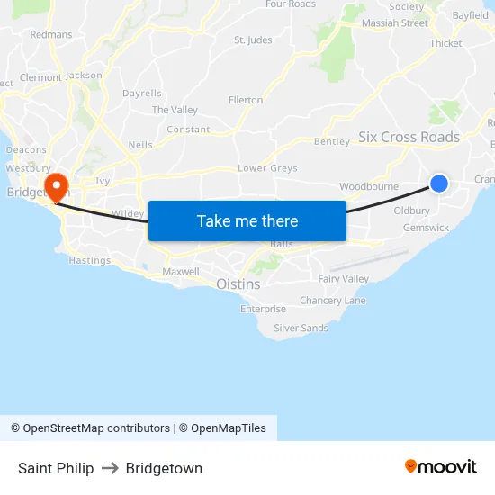 Saint Philip to Bridgetown map