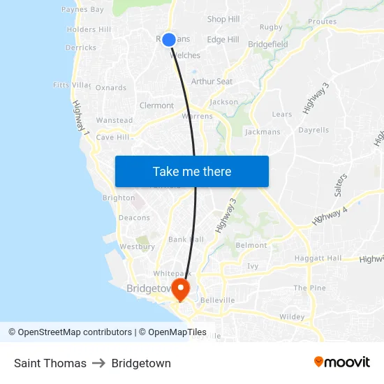 Saint Thomas to Bridgetown map