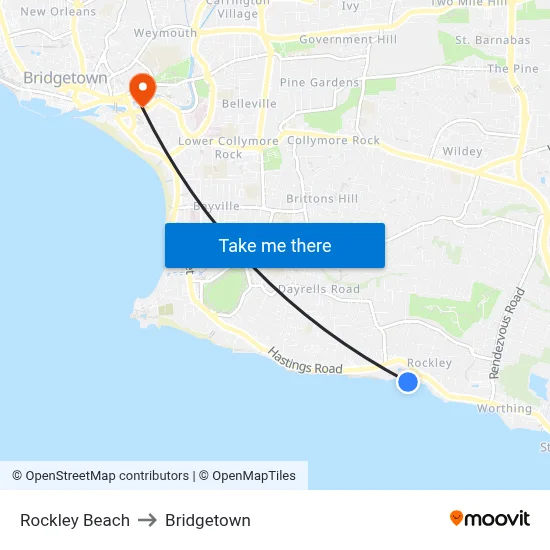 Rockley Beach to Bridgetown map