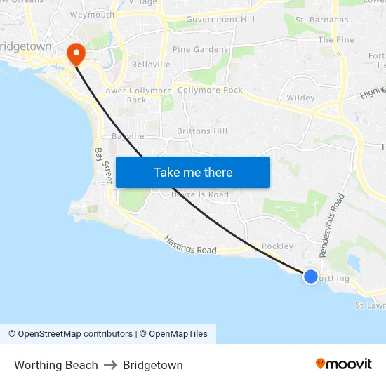 Worthing Beach to Bridgetown map