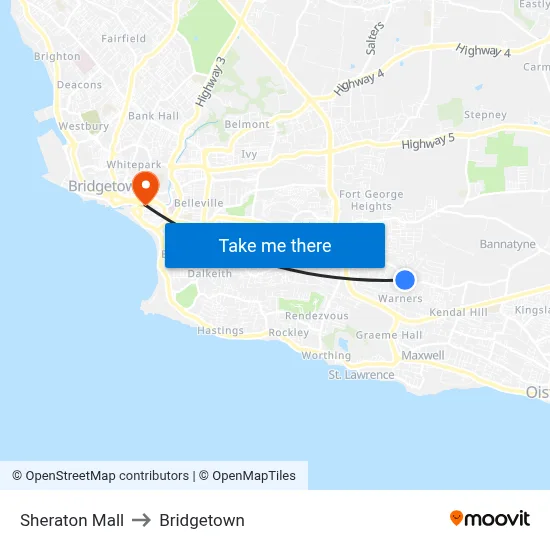 Sheraton Mall to Bridgetown map