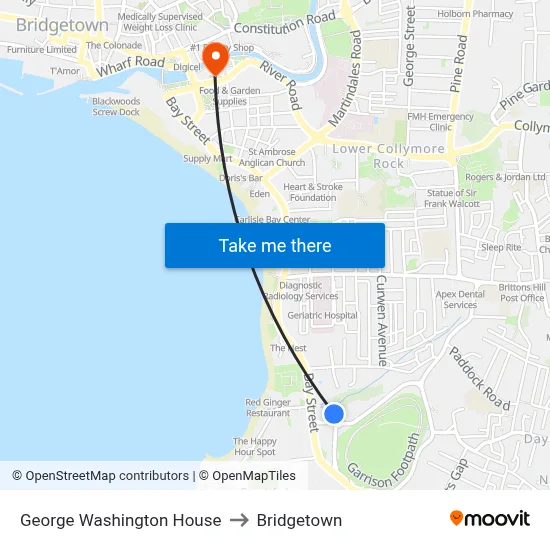 George Washington House to Bridgetown map