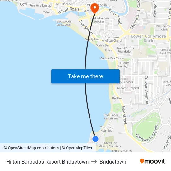 Hilton Barbados Resort Bridgetown to Bridgetown map