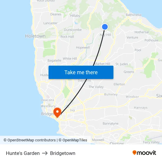 Hunte's Garden to Bridgetown map