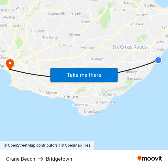 Crane Beach to Bridgetown map