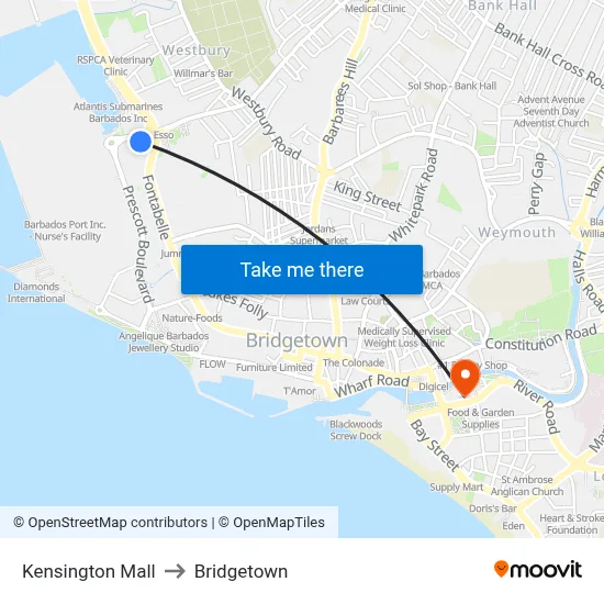 Kensington Mall to Bridgetown map