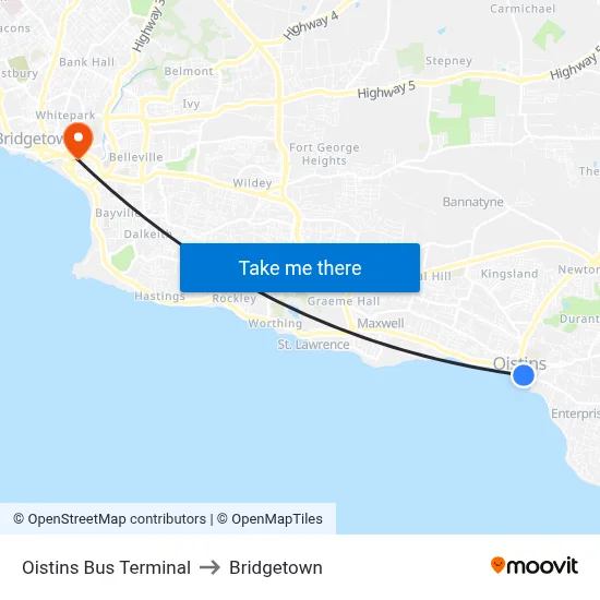 Oistins Bus Terminal to Bridgetown map