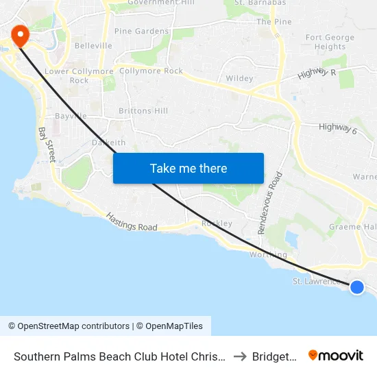 Southern Palms Beach Club Hotel Christ Church to Bridgetown map