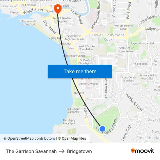 The Garrison Savannah to Bridgetown map