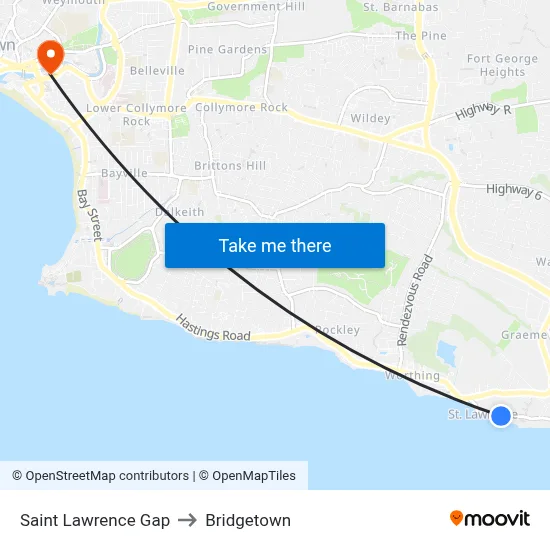 Saint Lawrence Gap to Bridgetown map