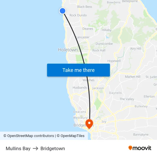 Mullins Bay to Bridgetown map